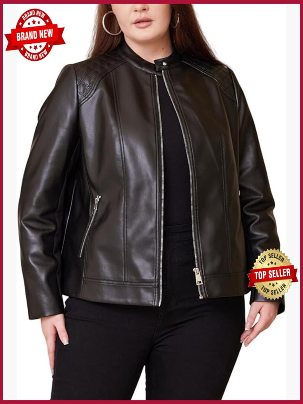 Plus Size Faux Leather Moto Jacket with Quilted Shoulders